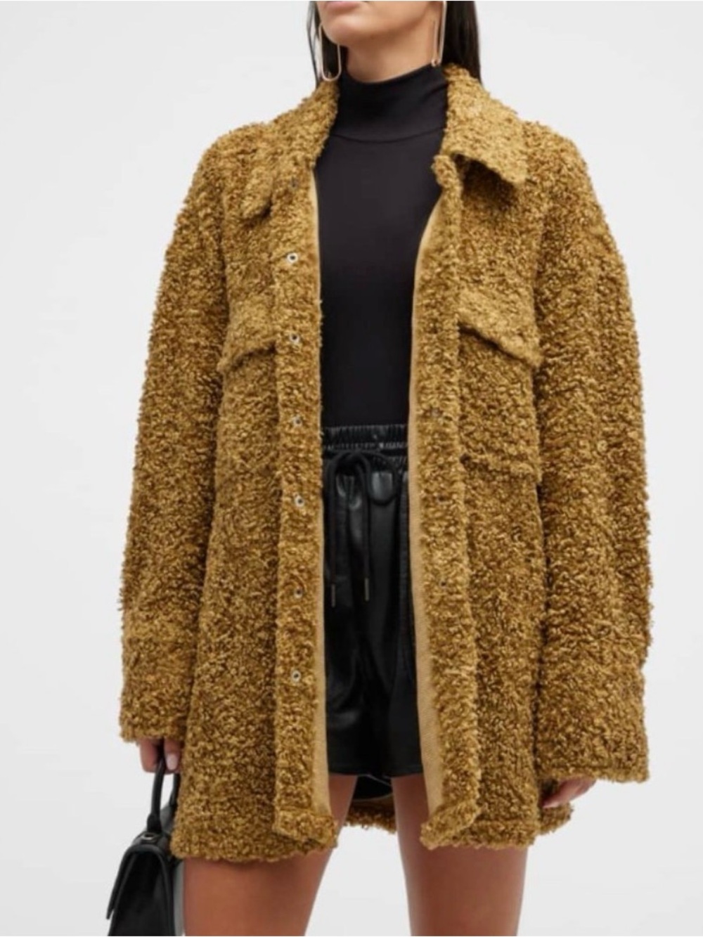 WeWoreWhat Faux Teddy Fur Shacket in an olive-tan color